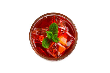 Red fresh drink with ice, grapefruit and mint isolated on white. Space for text or design.