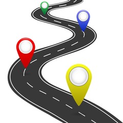 Highway road map with pins. Car road direction infographic, isolated on white background