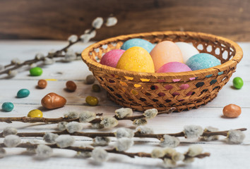 Easter eggs on rustic wooden background