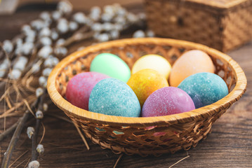 Easter eggs on rustic wooden background