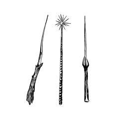 Set of magic wands. Hand drawn sketch illustration. Vector black ink drawing isolated on white background. Grunge style - obrazy, fototapety, plakaty