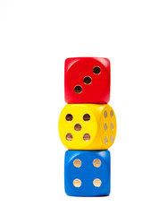 Three Dices Stacked on top of each other isolated on white background, gambling or kids preschool numbers education concept
