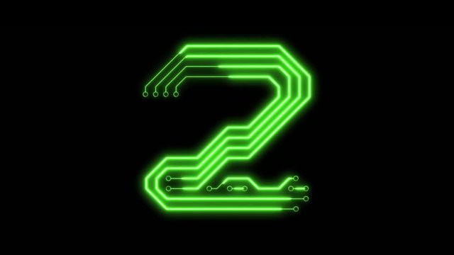 Animated green neon glowing number 2 as circuit board style