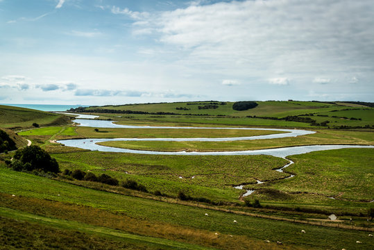 Cuckmere Haven, a meandering river forming several oxbow lakes, between Seaford and Eastbourne, East Sussex, England, UK