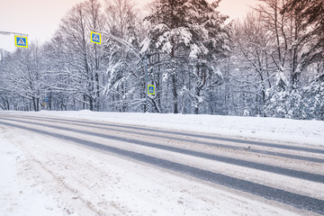 Winter landscape, empty asphalt road