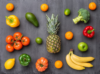 Healthy eating ingredients: fresh vegetables, fruits and superfood. Nutrition, diet, vegan food concept