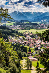 Fototapeta na wymiar Blick vom Weinberg bei Burgberg im Allgäu Richtung Sonthofen und Alpen Hochformat 