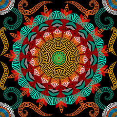 Greek colorful floral seamless mandalas pattern. Vector ornamental ethnic style background. Round lace mandalas with flowers and ancient greek key meanders ornament. Repeat beautiful bright backdrop.