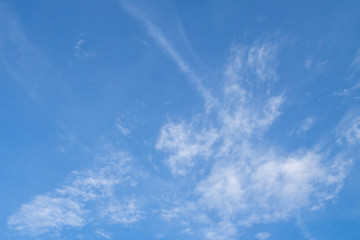 Blue sky with clouds and sun reflection in water with place for your text. blue sky background with white clouds