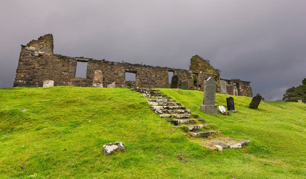 The ruins of Cill chriosd on Isle of Skye in mist