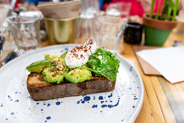 Toast with Avocado and Poached Egg, perfect and healthy breakfast