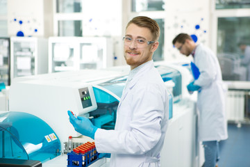 Two male scientists working at the laboratory