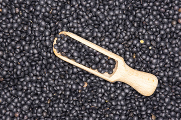 Lot of whole black lentils beluga variety with wooden scoop flatlay isolated