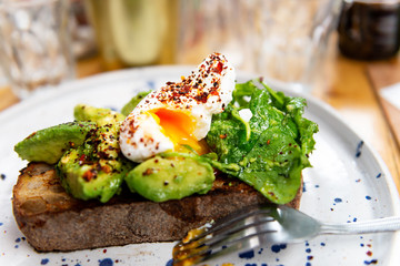 Toast with Avocado and Poached Egg, perfect and healthy breakfast