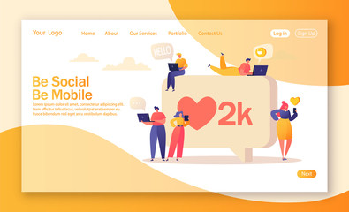 Landing page design on social media network theme. Man and woman communicating online with mobile devices; tablet, laptop, smartphone. Chatting with speech bubbles.