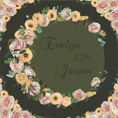 Wreath with flowers and leaves on dark green background. Botanical illustration.  pink rose flowers, eustoma cream, brunia, green fern, eucalyptus, branches buxus. Invitations, cards. Design elements