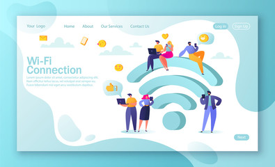 Concept of landing page on social media network theme fnd Wi-Fi connection. People gathered near a big symbol Wi-Fi. Flat people characters chatting in social networks.