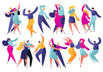Set of young happy dancing people. Party dancer character male and female isolated on white background. Young men and women enjoying dance party. Colorful vector illustration.