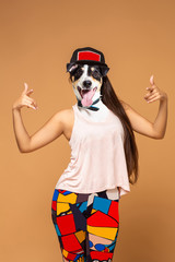 Contemporary art collage full length portrait positive dog headed woman hand point to you. Modern style pop art zine culture concept.