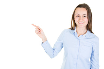 happy young woman pointing side at copyspace