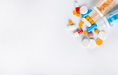 Assorted pharmaceutical medicine pills, tablets and capsules.Pills background.