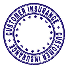 CUSTOMER INSURANCE stamp seal watermark with grunge texture. Designed with round shapes and stars. Blue vector rubber print of CUSTOMER INSURANCE title with corroded texture.