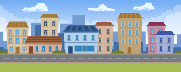 City building houses with road. Flat design