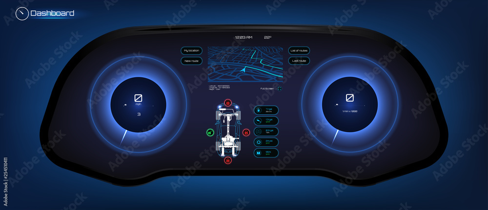 Poster Car HUD dashboard. Futuristic user interface HUD and Infographic elements. Abstract virtual graphic touch user interface