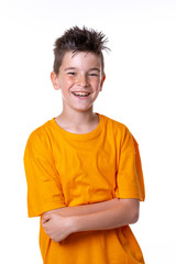 Boy, Young, person, portrait, game, Smile, Cole, orange, tip, hair, happy, T-shirt, clothes, big, white, 