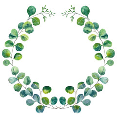 Watercolor eucalyptus wreath. Green leaves botanical floral wreath. Hand painted foliage herbal frame for wedding invitations, greeting cards, baby showers, prints, and posters
