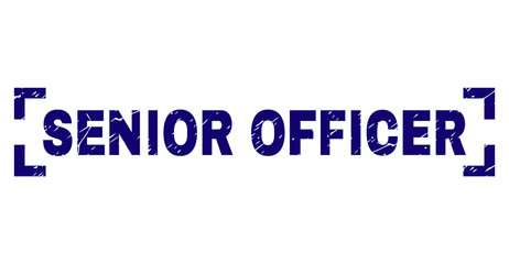 SENIOR OFFICER text seal watermark with distress texture. Text title is placed inside corners. Blue vector rubber print of SENIOR OFFICER with dirty texture.