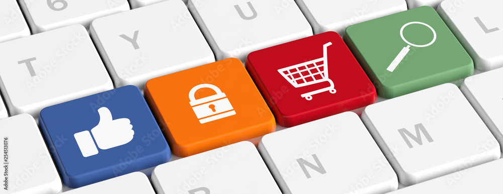 Poster key buttons with a shopping cart, thumb up, magnifier and lock on a computer keyboard, banner. 3d il