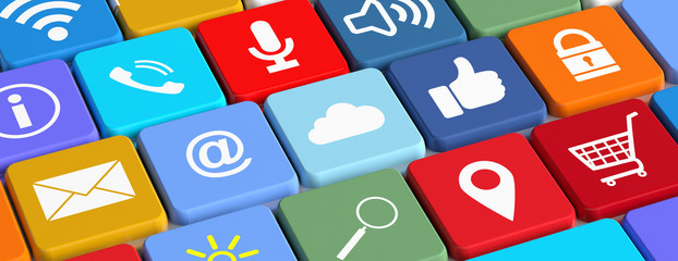 WiFi, shopping cart, thumb up, email, search, lock on a computer keyboard. 3d illustration