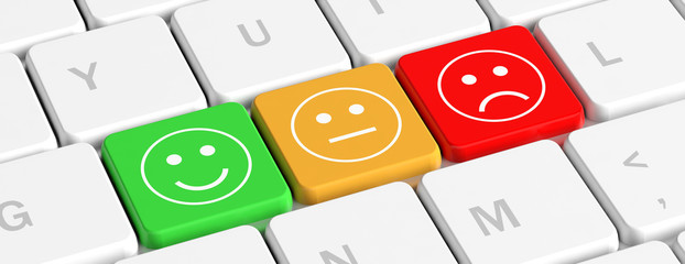 Rating, feedback. Key buttons with emoticons on a computer keyboard, banner. 3d illustration