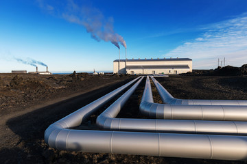 View of Gunnuhver geothermal area and power plant at Reykjanes peninsula, Keflavik, Iceland Hot...