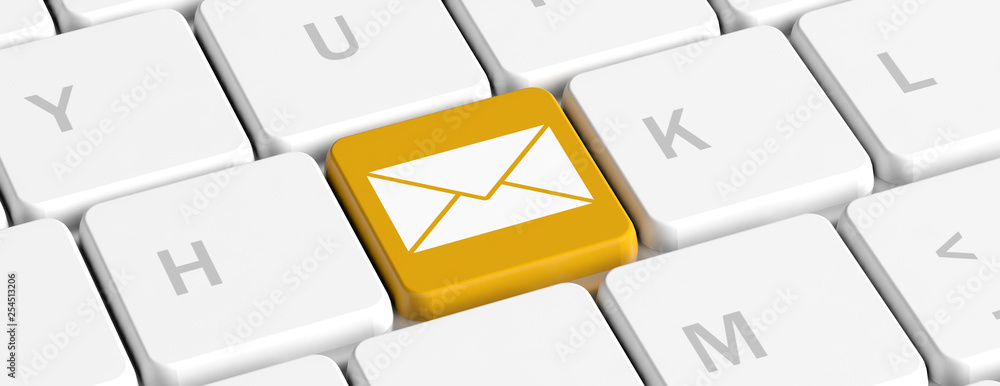 Poster yellow key button with envelope on a computer keyboard, banner. 3d illustration