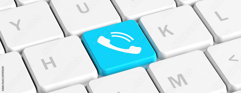 Poster call us concept. blue key button with a phone on a computer keyboard, banner. 3d illustration