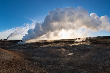View of Gunnuhver geothermal area and power plant at Reykjanes peninsula, Keflavik, Iceland Hot springs near The Blue Lagoon geothermal spa is one of the most visited attractions in Iceland