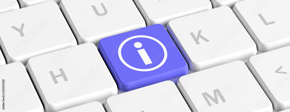 Poster blue key button with information icon on a computer keyboard, banner. 3d illustration