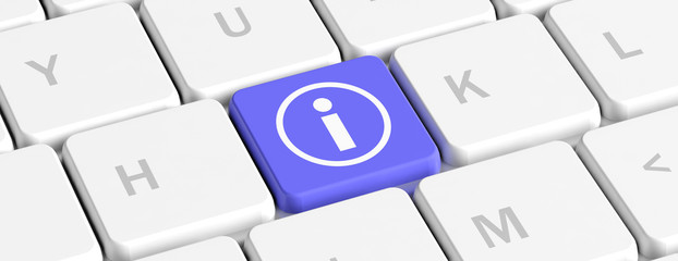 Blue key button with information icon on a computer keyboard, banner. 3d illustration
