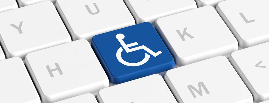 Disability, handicapped. Blue key button with wheelchair sign on a computer keyboard, banner. 3d illustration