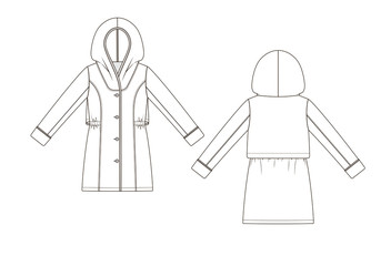 Fashion technical sketch of topcoat with hood in vector graphic