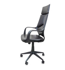 The profile view of office chair from black leather. Isolated