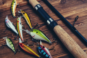 Fishing equipment on a old wooden table