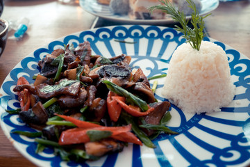 boiled white basmati rice with vegetables baked in its own juice concept lunch, dinner