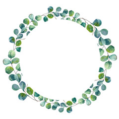 Green leaves watercolor frame. Eucalyptus frame, wreath for wedding invitation, greeting card, flyer. Hand painted floral frame template. Botanical herbal wreath.