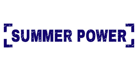 SUMMER POWER text seal print with corroded style. Text tag is placed between corners. Blue vector rubber print of SUMMER POWER with corroded texture.