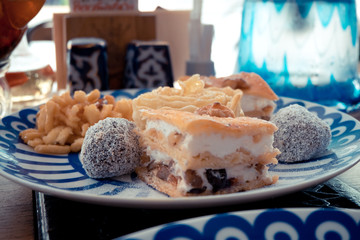 sweets Chuck, Chuck and nuts on the plate with blue triangles, the concept of dessert