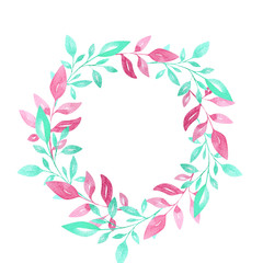 Hand drawn watercolor leaves, decorative circle isolated on the white background can be used for greeting cards