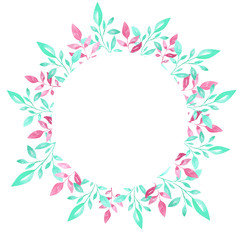 Hand drawn watercolor leaves, decorative circle isolated on the white background can be used for greeting cards